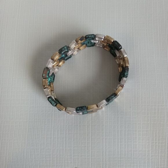 Gold & Silver Toned Patina Green Mosaic Metal Squares Stretchy Elastic Bracelet - Picture 2 of 8